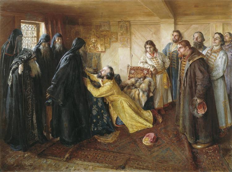 Tzar Ivan the Terrible asks Abbot Cornelius to mow him to the monks - Klavdy Lebedev
