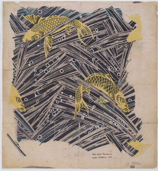 Fabric design with trout dance for Backhausen, 1899 - Koloman Moser