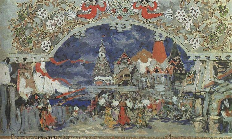 Trading Pier in the Capital City.Sketch of set for C. Pugni`s ballet, 1912 - Костянтин Коровін