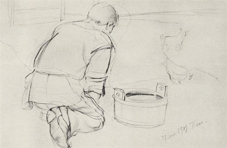 Figure  of S.F.Petrova-Vodkin, the artist's father, on his knees from the back, 1909 - Kusma Sergejewitsch Petrow-Wodkin