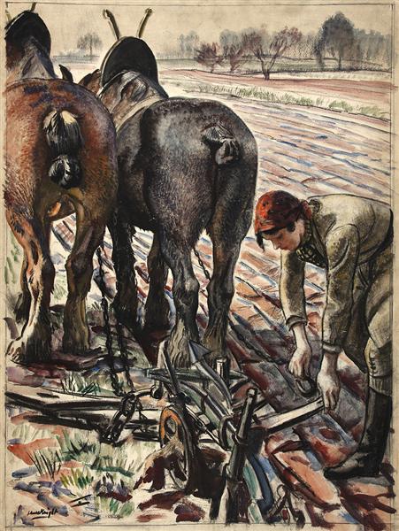 Horse-drawn plough, land girl, 1944 - Laura Knight