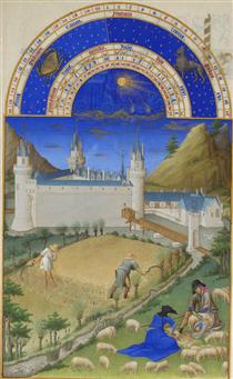 Calendar: July (Harvesting and Sheep Shearing) - Limbourg brothers