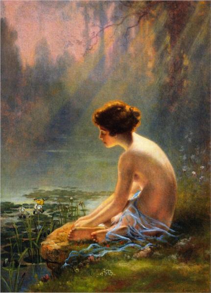 Seated Nude at Lily Pond - Louis Comfort Tiffany