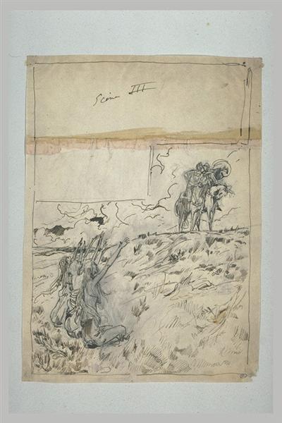 Projet d'illustration pour Macbeth - trois sorcières assises sur la lande - Luc-Olivier Merson