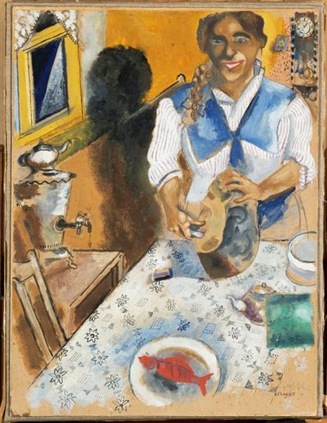 Mania cutting bread, 1914 - Марк Шагал