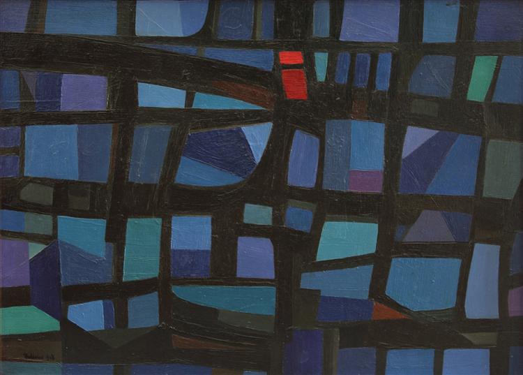 Reticolo nero diversi blu rosso verso destra, 1948 - Mario Ballocco