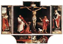 The first view of the altar: St. Sebastian (left), The Crucifixion (central), St. Anthony (right), Entombment (bottom) - Matthias Grünewald