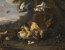 An Eagle, a Cockerell, Hens, a Pigeon in Flight and Other Birds - Мельхіор де Хондекутер