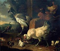 Domestic fowl with a pheasant and peacocks - Мельхиор де Хондекутер