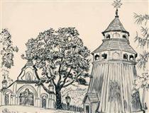 Šaukėnai, church belfry - Mstislaw Walerianowitsch Dobuschinski