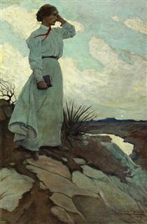 Louise Loved to Climb to the Summit on One of the Barren Hills Flanking the River, and Stand There While the Wind Blew - N. C. Wyeth
