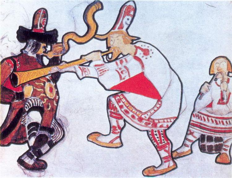 The scene with three figures in costumes, 1920 - Микола Реріх