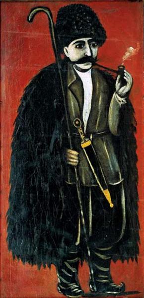 Shepherd in a felt cloak on a red background - Niko Pirosmani