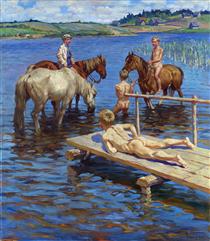Horses Bathing - Nikolay Bogdanov-Belsky