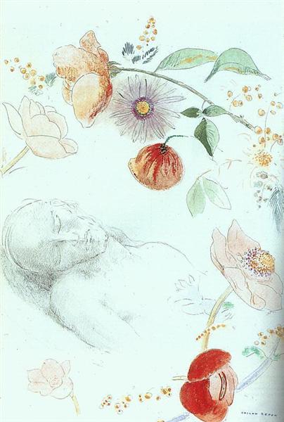 Bust of a Man Asleep amid Flowers - Одилон Редон