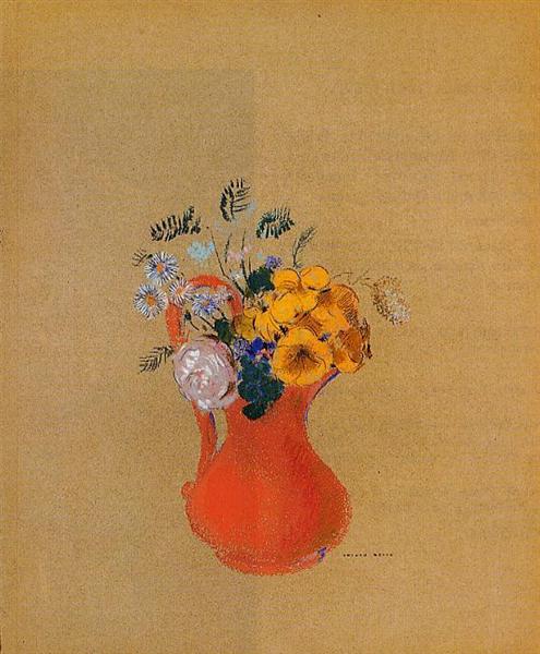 Flowers in a Red Pitcher, c.1900 - 奥迪隆·雷东
