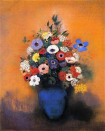 Mimosas, Anemonies and Leaves in a Blue Vase - Odilon Redon