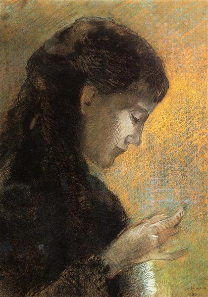 Portrait of Madame Redon Embroidering, 1880 - Оділон Редон
