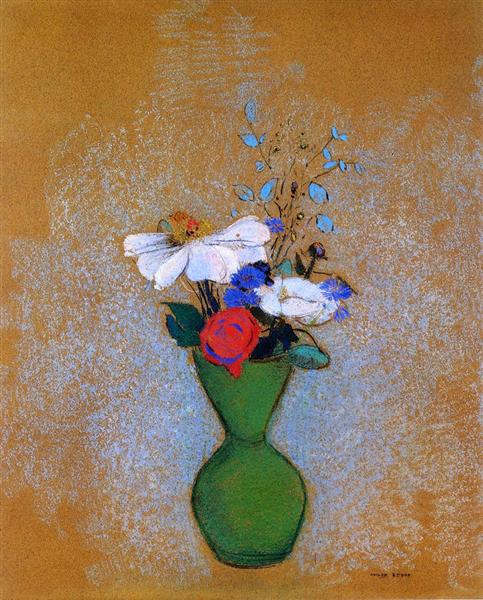 Rose, Peony and Cornflowers in a Green Vase - 奥迪隆·雷东