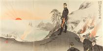 Picture of Officers and Men Worshiping the Rising Sun While Encamped in the Mountains of Port Arthur - Ogata Gekko