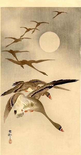 Eight White-fronted Geese in Flight; full Moon behind - Охара Косон