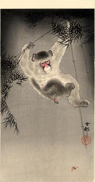 Monkey Swinging from a Bamboo Branch, Observing a Fly - Ohara Koson