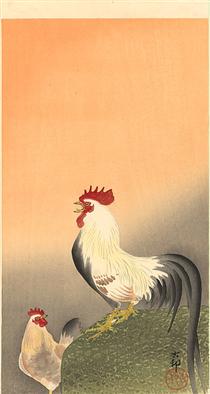 Rooster and Hen at Sunrise - Ohara Koson
