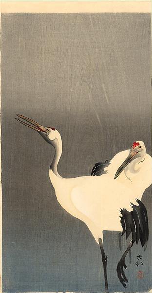 Two white cranes, c.1910 - 小原古邨