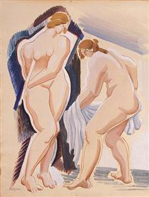 Two Nude Female Figures with a Cloth - Oleksandr Arjípenko