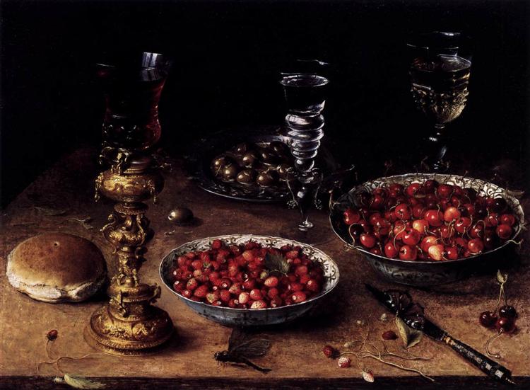 Still Life with Cherries and Strawberries in China Bowls, 1608 - Osias Beert