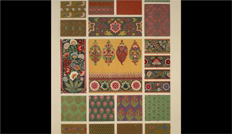 Indian Ornament no. 4. Ornaments from woven fabrics and paintings on vases exhibited in the Indian Collection, now at Marlborough House - Оуен Джонс
