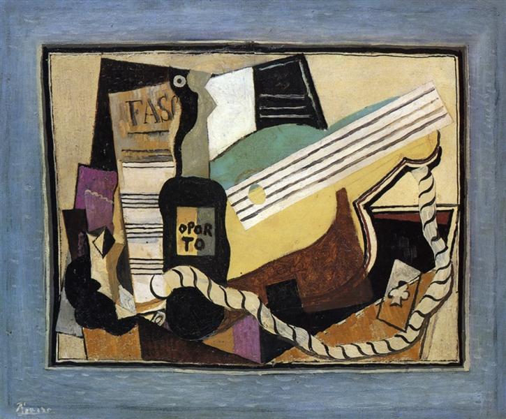 Перегородка, пляшка портвейну, гітара, гральні карти, 1917 - Пабло Пікассо