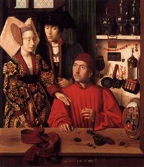 St. Eligius as a goldsmith showing a ring to the engaged couple - Petrus Christus