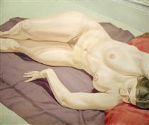 Lying Female Nude on Purple Drape - Philip Pearlstein