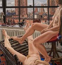 Two Models in a Window with Cast Iron Toys - Philip Pearlstein
