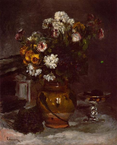 Flowers in a Vase and a Glass of Champagne - Auguste Renoir