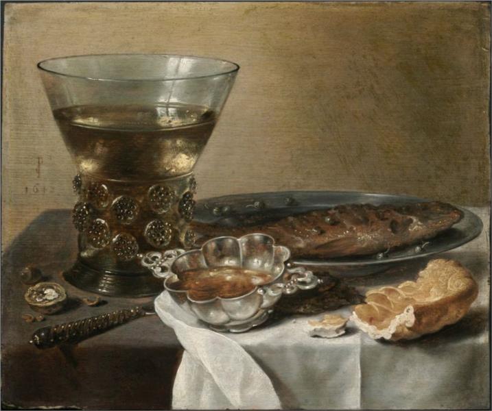 Still Life with Silver Brandy Bowl, Wine Glass, Herring and Bread, 1642 - Питер Клас