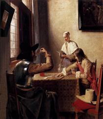 Deux soldats jouant aux cartes et une fille - Pieter de Hooch