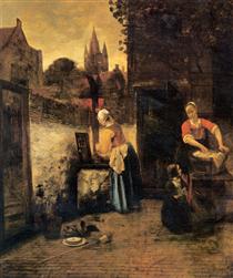 Deux femmes et un enfant dans une cour - Pieter de Hooch