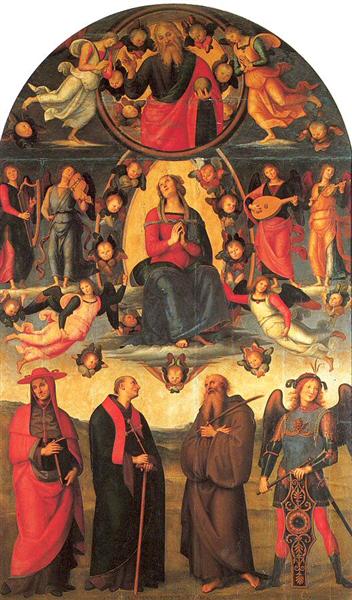 Дева Мария на троне, с ангелами и святыми. Алтарь Валломброза, 1500 - Пьетро Перуджино