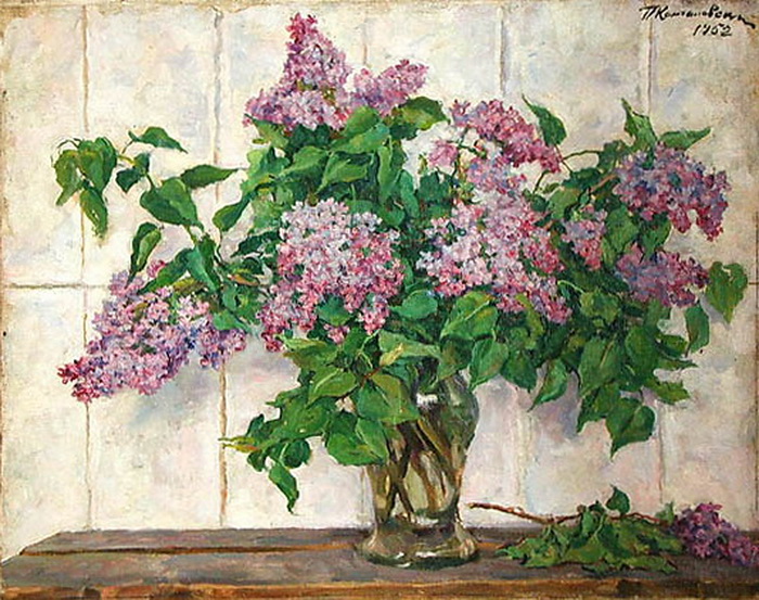 Still Life. Lilacs in a glass jar against the stove., 1952 - Петро Кончаловський