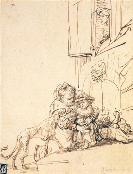 Мати і дитина, що злякалася собаки, 1636 - Рембрандт