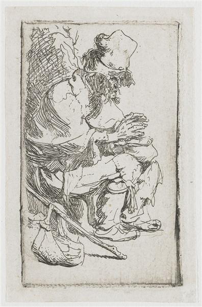 Beggar seated warming his hands at a chafing dish, 1630 - Рембрандт
