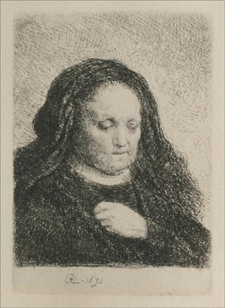 Rembrandt`s Mother in a Black Dress, as Small Upright Print, 1631 - 林布蘭