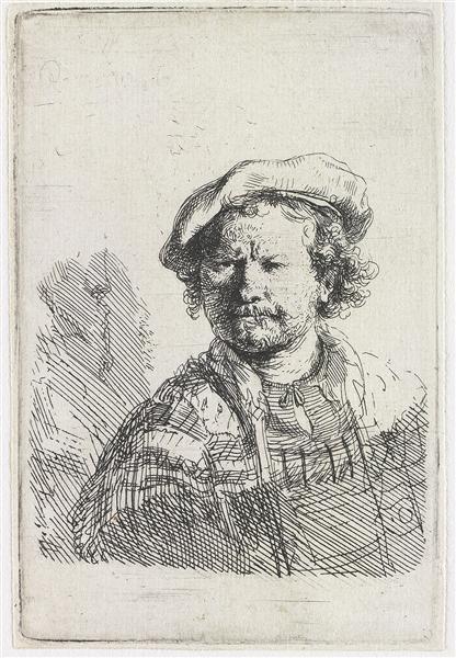 Self-portrait in a flat cap and embroidered dress, 1642 - Rembrandt van Rijn