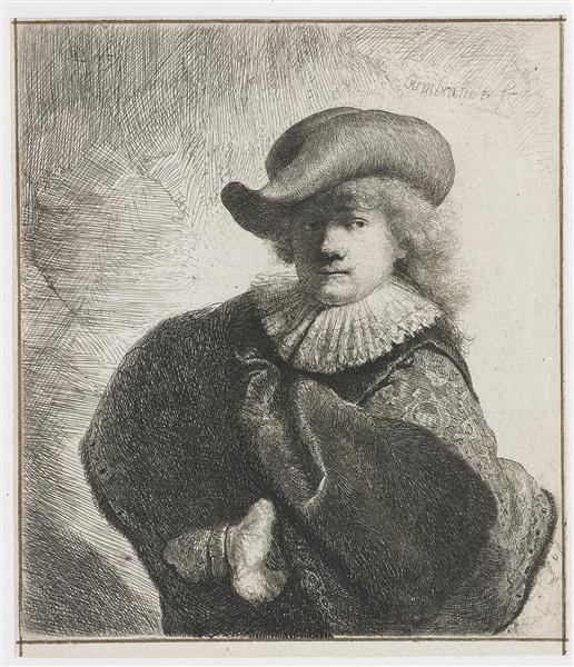 Self-portrait in a soft hat and embroidered cloak, 1631 - Rembrandt