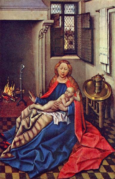Madonna and Child Before a Fireplace, 1430 - Робер Кампен
