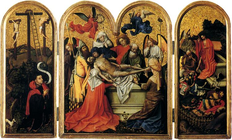 Triptych: The Two Thieves with the Empty Cross, The Entombment, The Resurrection, c.1415 - Robert Campin