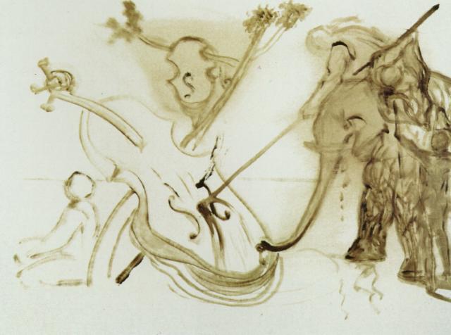 Warrior Mounted on an Elephant Overpowering a Cello, 1983 - Сальвадор Далі
