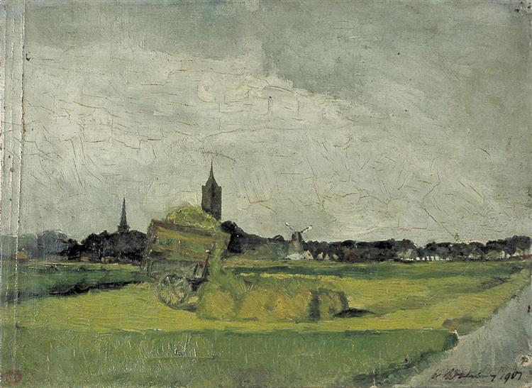 Landscape with hay cart, church towers and windmill, 1901 - Theo van Doesburg